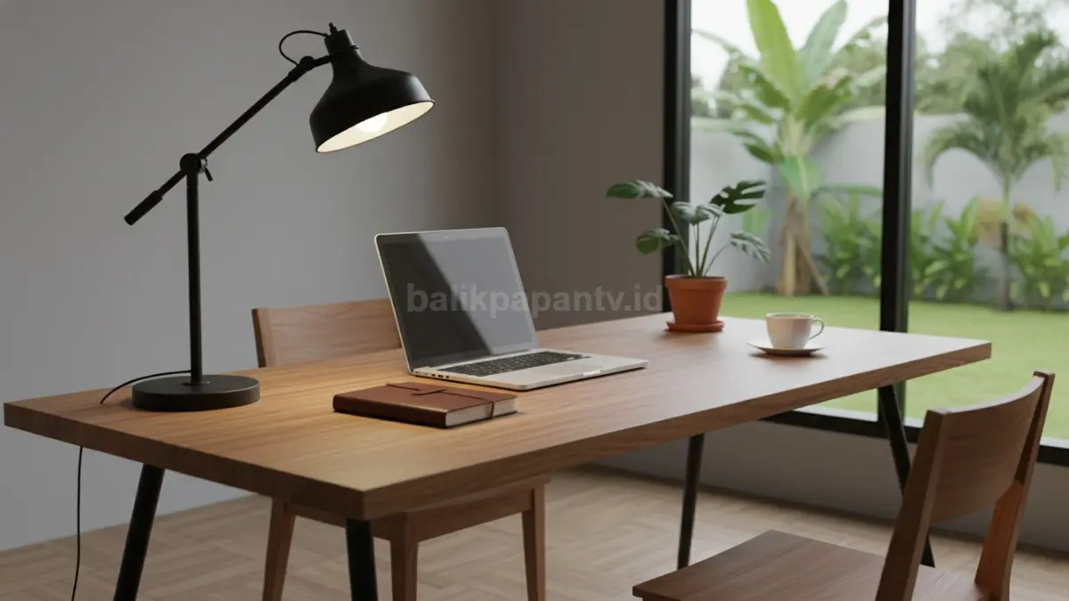 Meja kerja modern dengan lampu meja berwarna warm white 3000–4000K yang memberikan pencahayaan lembut dan nyaman, menciptakan suasana fokus dan tenang seperti pada coworking space modern di ruang kerja rumah yang tertata minimalis  (BTV/Ai)
