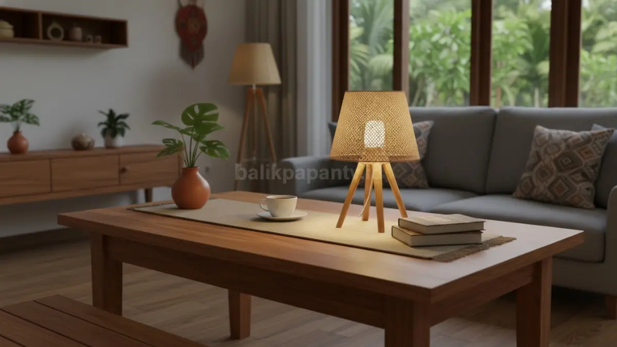 Meja rumah tertata rapi dengan lampu hangat dan dekor minimalis yang menciptakan suasana nyaman