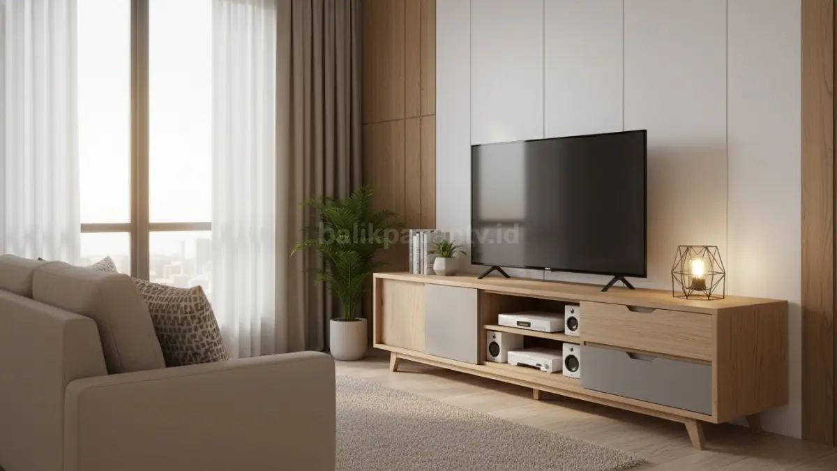 Meja TV modern minimalis di ruang tamu kecil dengan desain estetik dan fungsional (BTV/Ai)