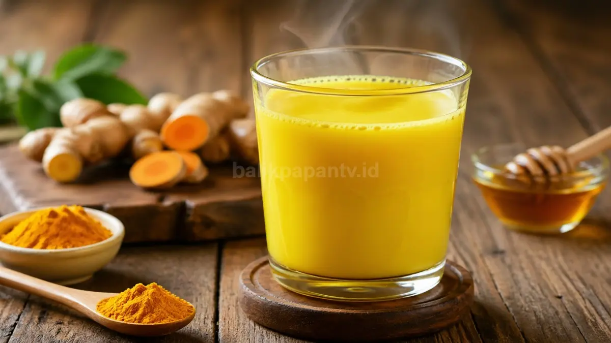 Minuman kunyit hangat berwarna kuning cerah dalam gelas, terlihat segar dan menyehatkan. (BTV/Ai)