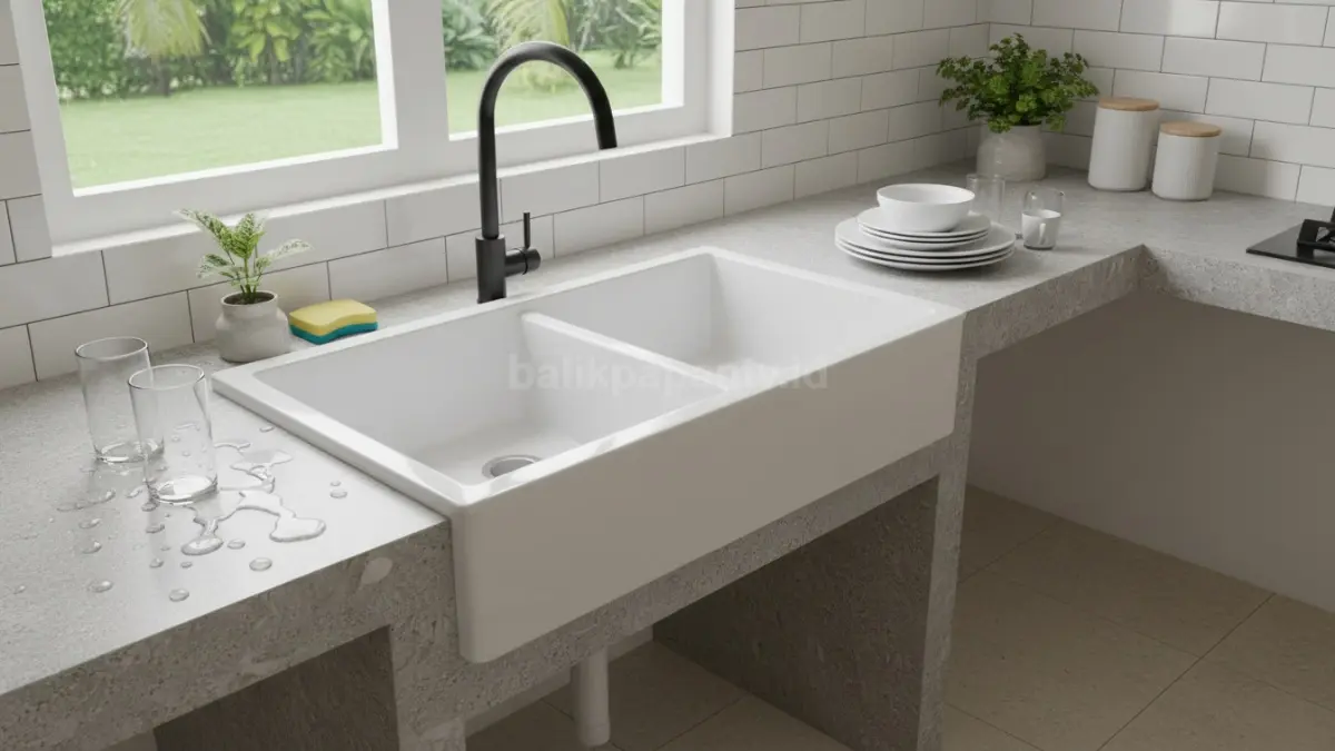 Model lurus tempat cuci piring keramik untuk dapur kecil. (BTV/Ai)