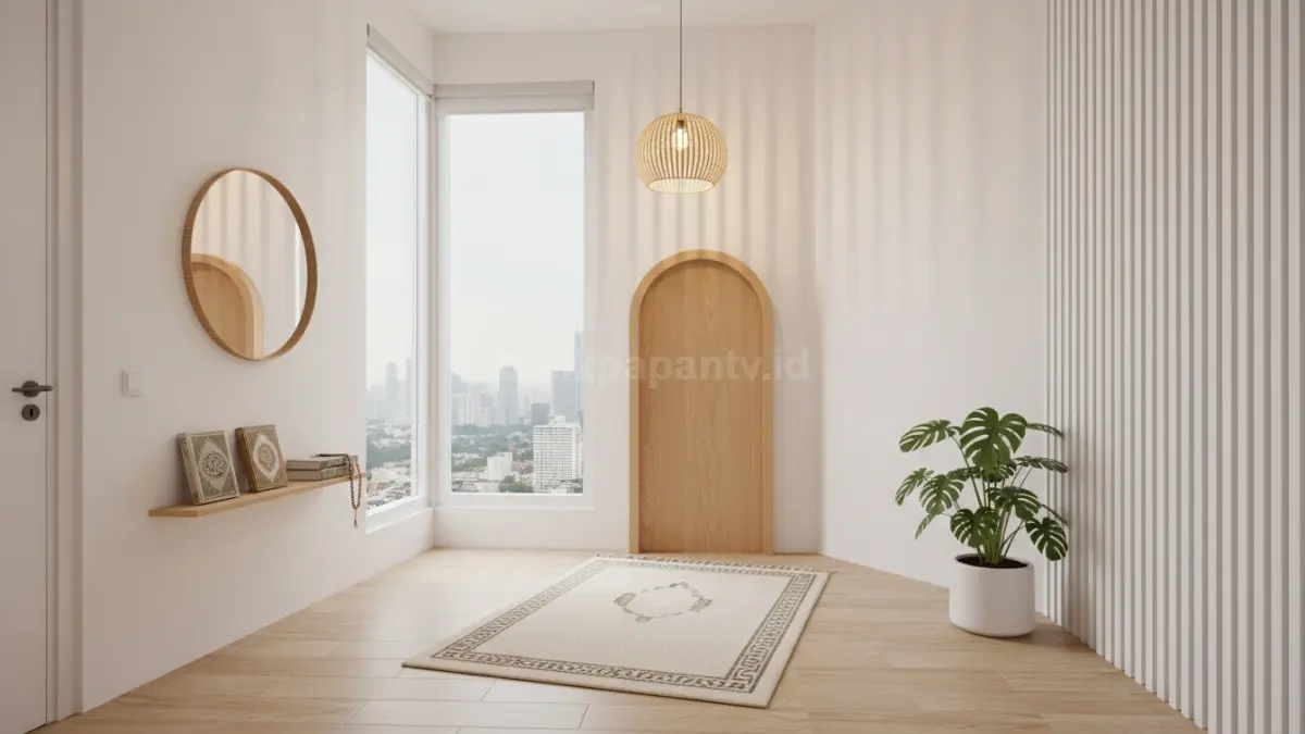 Mushola minimalis dengan pencahayaan alami dan desain modern di rumah kecil. (BTV/Ai)