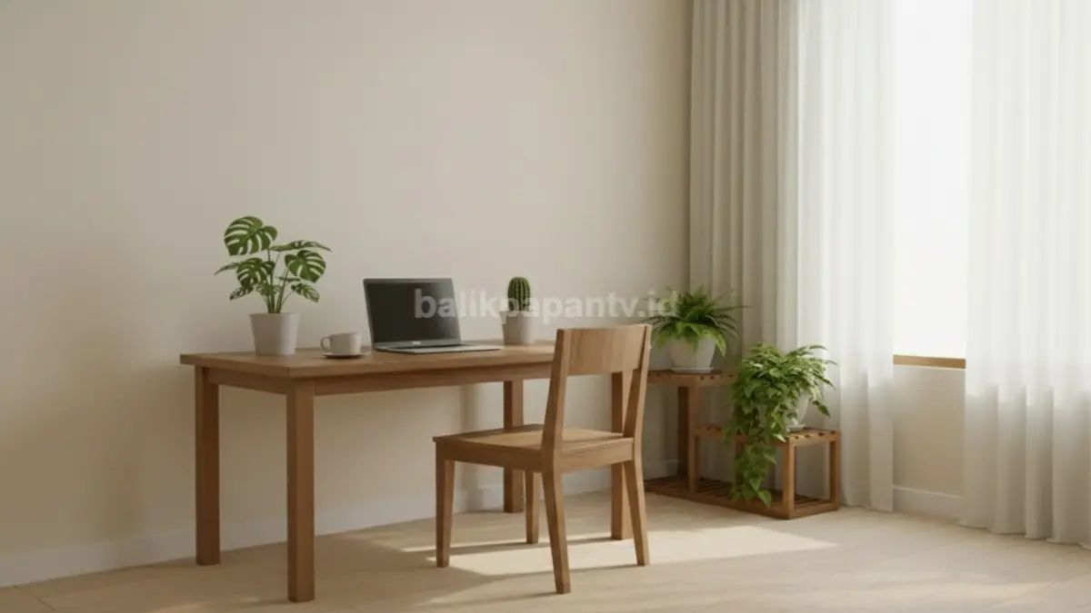 Ruang minimalis modern dengan penataan tanaman hidup sebagai elemen penyeimbang visual, menampilkan monstera mini dan kaktus kecil di atas meja kerja serta sudut ruangan. Dominasi warna netral pada interior dipadukan dengan sentuhan hijau alami yang memberikan kesan segar dan seimbang. Suasana ini menggambarkan konsep desain interior modern yang banyak diterapkan pada ruang kerja rumah, di mana elemen hijau digunakan untuk membantu mengurangi ketegangan visual dan meningkatkan kenyamanan saat beraktivitas harian.