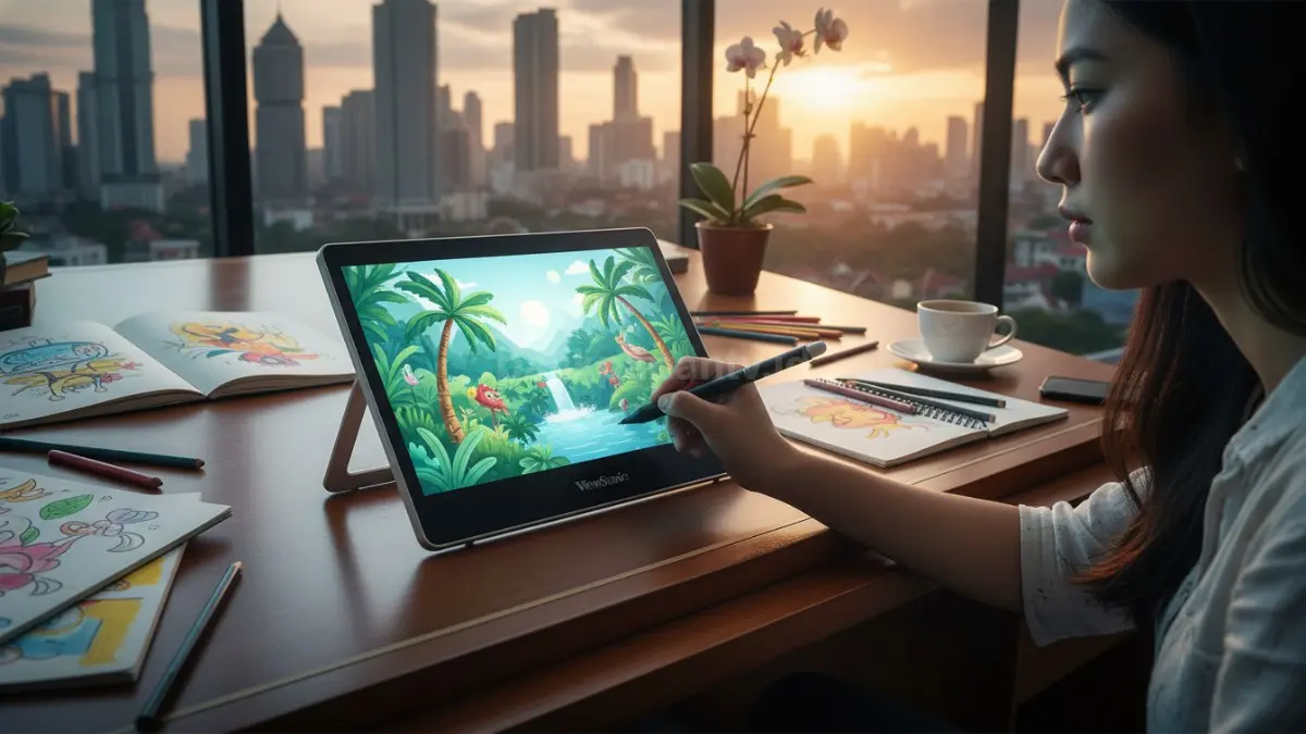 Pen display ViewSonic ID1330 di meja kerja ilustrator dengan stylus aktif (BTV/Ai)