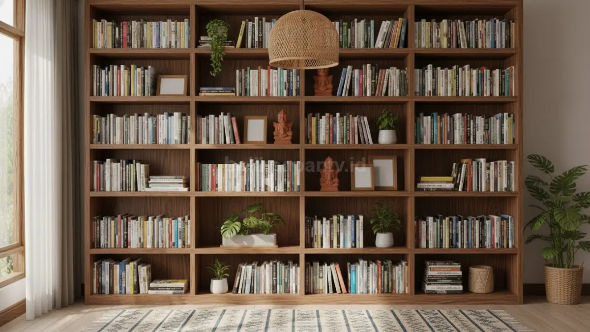 Rak buku aesthetic dengan kombinasi buku dan dekor yang tertata rapi dan hidup