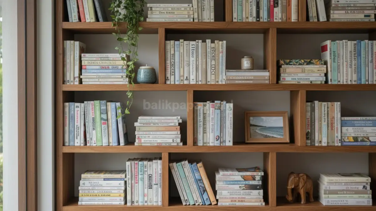 Rak buku dengan pola campuran vertikal dan horizontal, buku disusun dinamis dengan beberapa tumpukan mendatar, diselingi ruang kosong berisi dekor kecil seperti lilin dan frame foto, menciptakan ritme visual yang seimbang dan menarik perhatian