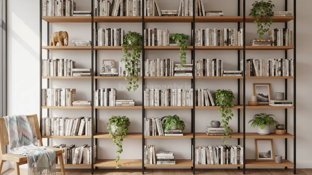 Rak buku modern dalam ruang minimalis yang berfungsi sebagai penyimpanan sekaligus elemen visual, ditata dengan buku, tanaman kecil, dan dekor sederhana untuk menciptakan suasana ruang yang seimbang, hidup, dan mencerminkan karakter penghuni ruang