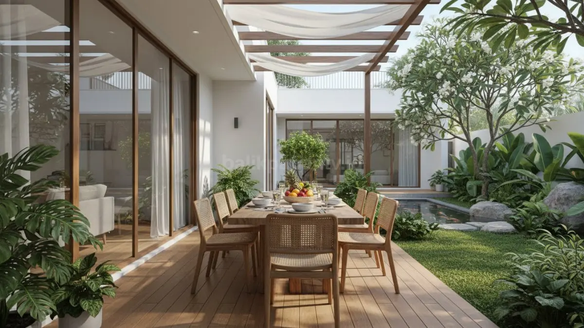 Ruang makan outdoor di taman dengan meja kayu dan tanaman hijau. (BTV/Ai)