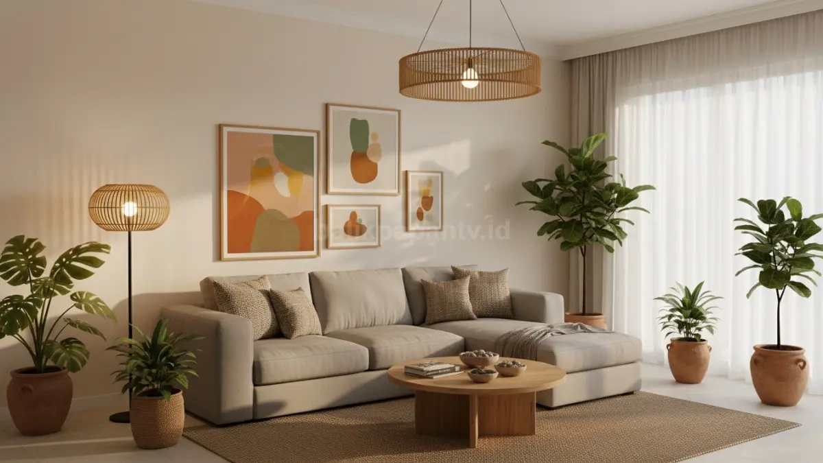 ruang tamu estetik dengan lampu hangat dan tanaman indoor modern  (BTV/Ai)