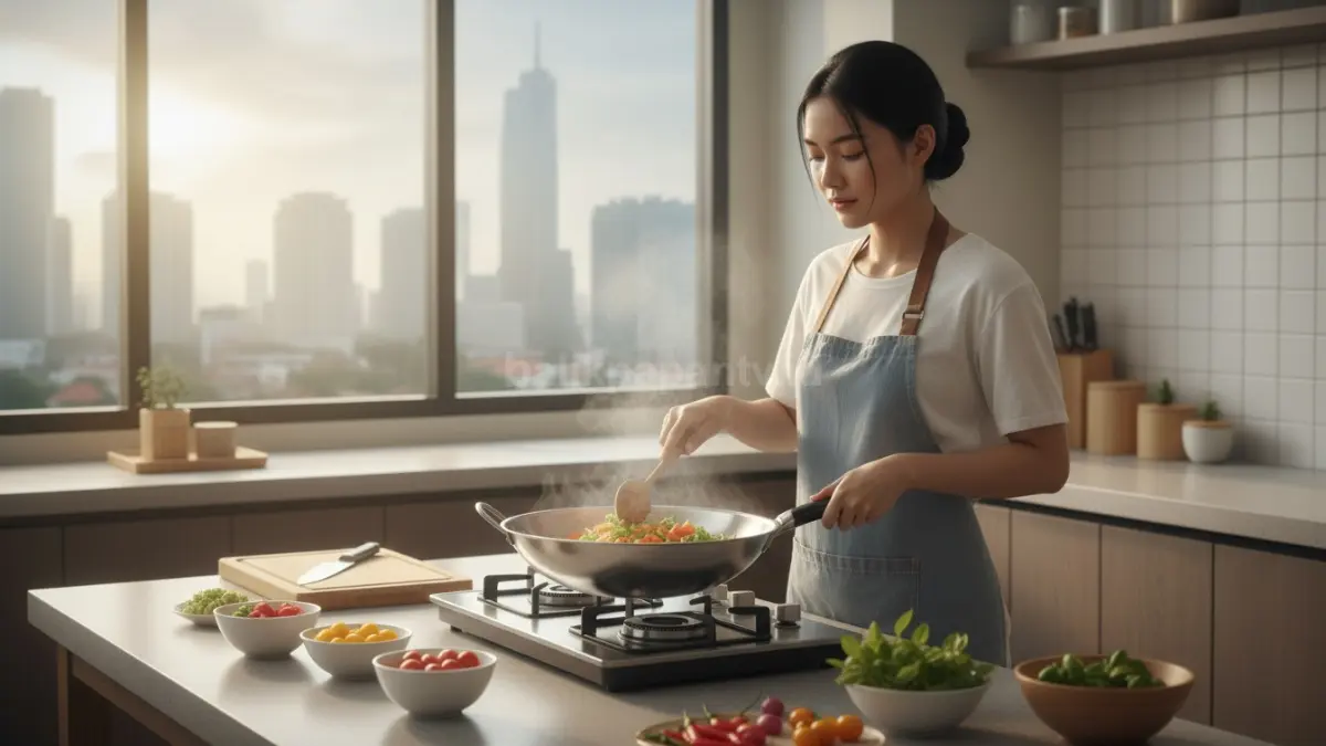 Seseorang fokus memasak sebagai aktivitas relaksasi harian