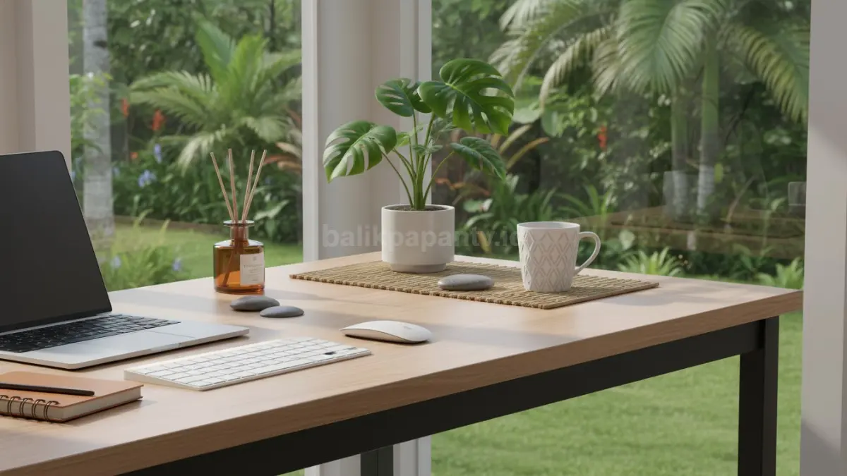 Sudut meja kerja dengan tanaman hidup seperti monstera mini di dekat jendela, terkena cahaya alami, menghadirkan nuansa segar, estetis, dan mendukung kualitas udara ruang kerja yang lebih nyaman