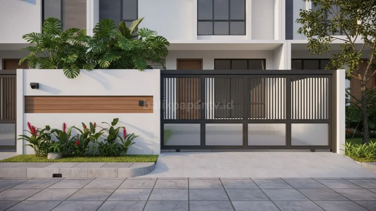 Tampilan pagar rumah minimalis modern dengan desain garis horizontal yang elegan. (BTV/Ai)