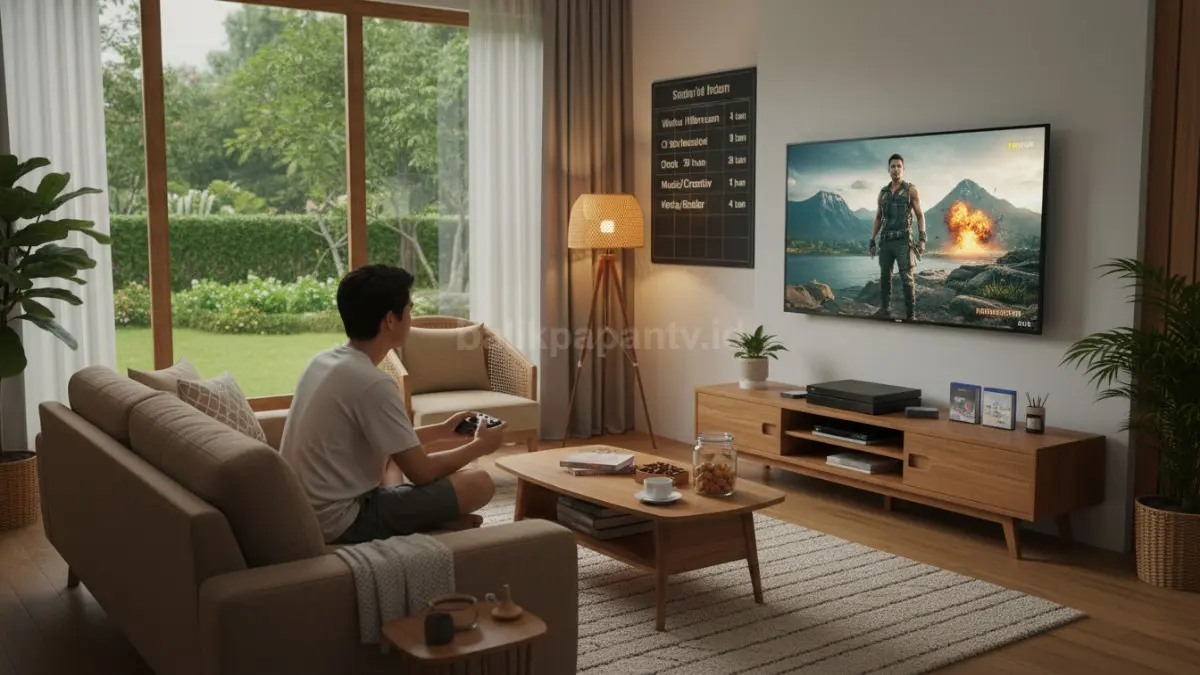 Seseorang duduk santai di ruang keluarga memainkan game di konsol sambil layar televisi menampilkan film favorit, dengan suasana nyaman dan pencahayaan hangat, menggambarkan hobi hiburan sebagai sarana relaksasi mental yang tetap terkontrol melalui pengaturan waktu dan keseimbangan aktivitas. (BTV/Ai)
