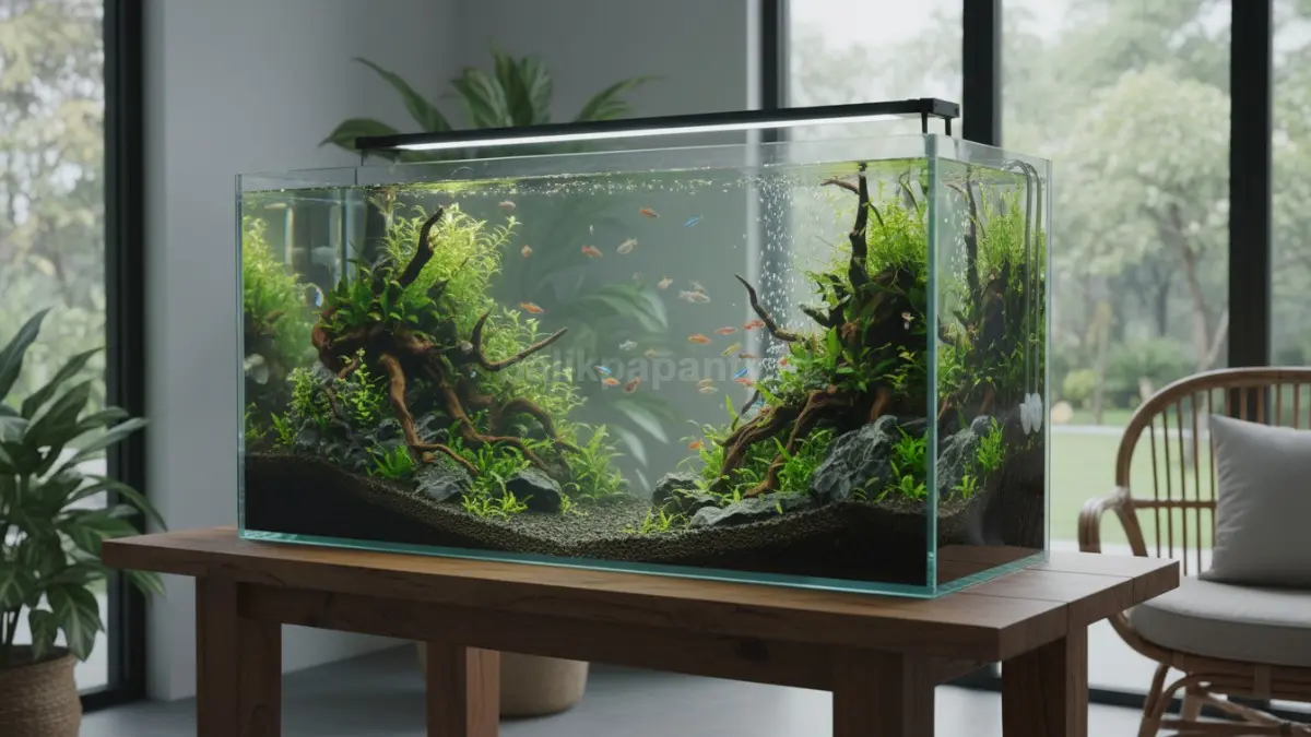 Akuarium aquascape bergaya natural dengan susunan tanaman air hijau, batu, dan kayu artistik, dihuni ikan hias berwarna cerah, menciptakan tampilan estetis yang menenangkan sekaligus mencerminkan perpaduan seni dan biologi untuk membantu fokus dan meredakan stres setelah aktivitas harian. (BTV/Ai)
