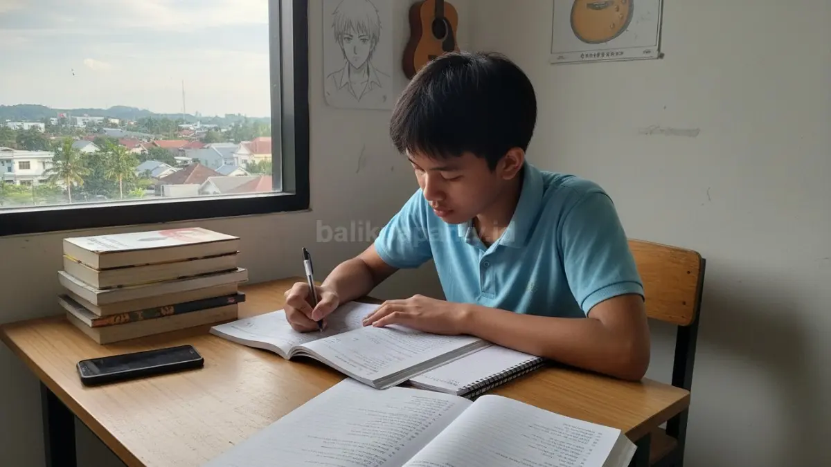 Seorang pelajar di Balikpapan menaruh ponsel dalam posisi terbalik di meja belajar saat mengerjakan tugas, fokus pada buku dan catatan tanpa gangguan, menggambarkan upaya menghindari distraksi digital agar waktu belajar dan hobi bisa dimanfaatkan secara maksimal.  (BTV/Ai)
