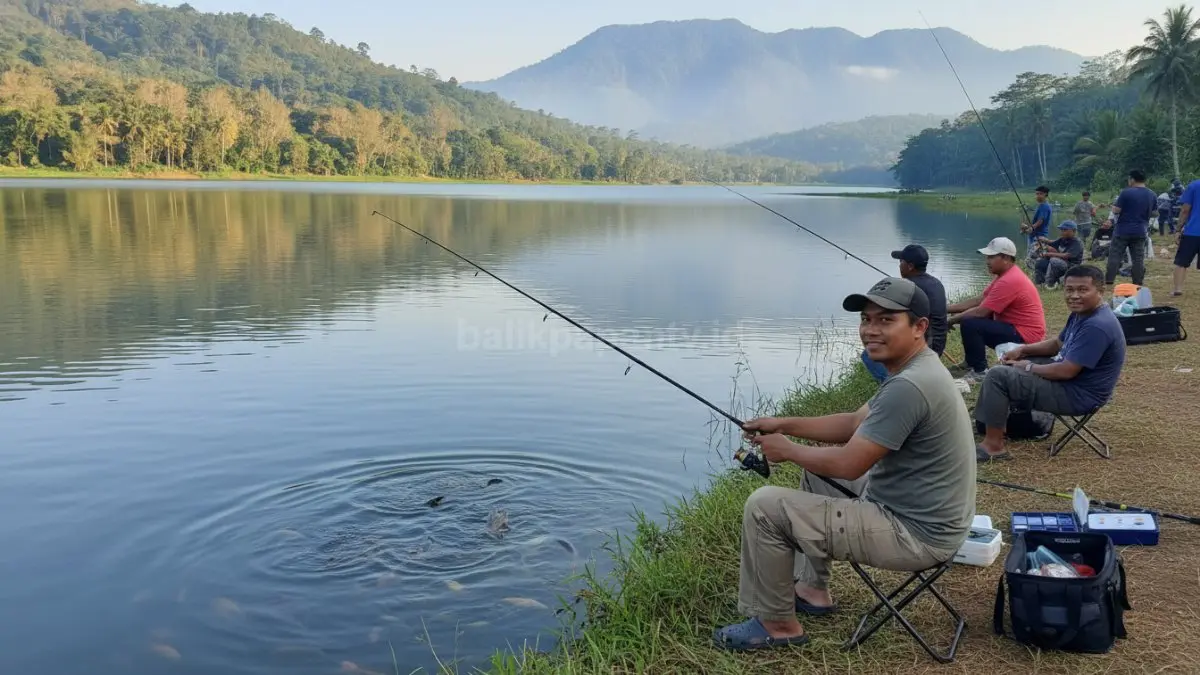 Seorang pemancing berada di tepi danau atau waduk dengan joran mengarah ke air tenang, dikelilingi pemandangan alam hijau, menggambarkan aktivitas freshwater fishing yang kaya variasi ikan air tawar serta suasana kebersamaan komunitas yang saling berbagi teknik dan pengalaman. (BTV/Ai)
