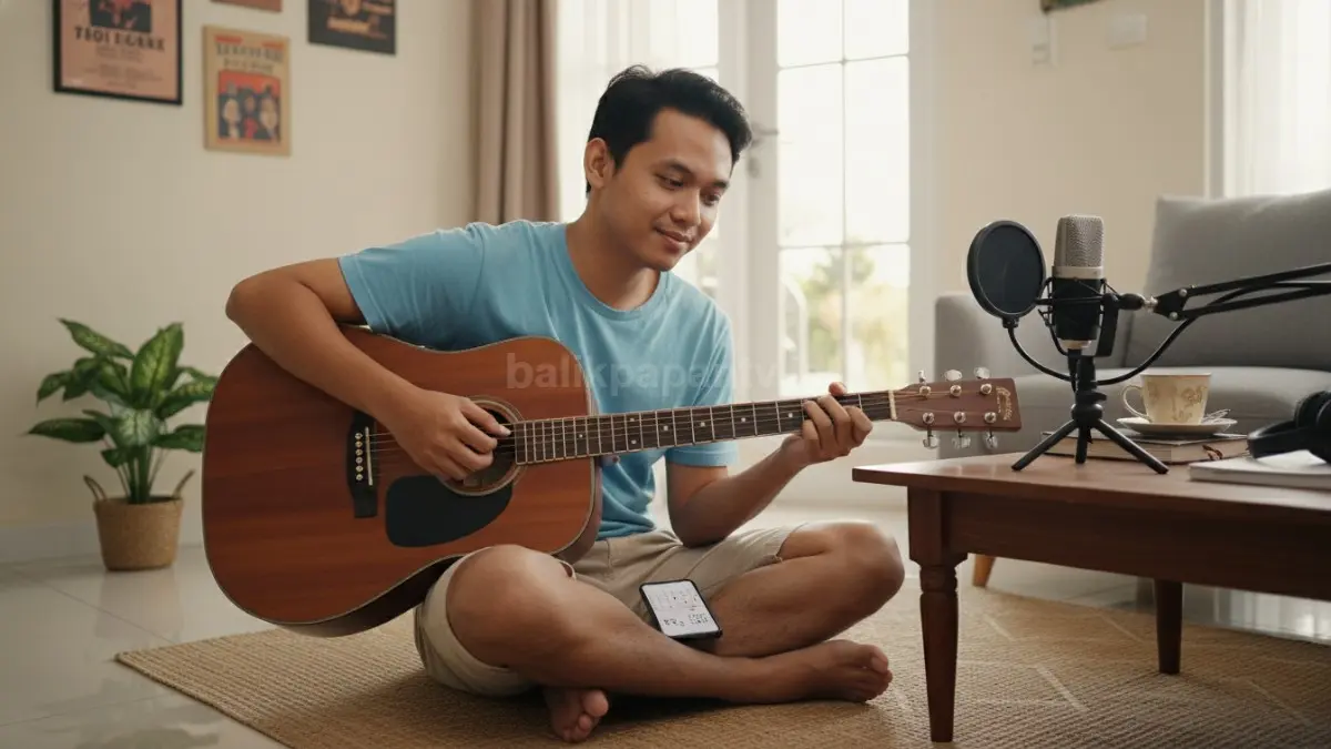seseorang belajar gitar dengan santai sambil melihat chord lagu sederhana di ponsel, di sisi lain terlihat mikrofon kecil untuk latihan bernyanyi, menggambarkan metode belajar bertahap dan aktivitas vokal ringan yang membantu relaksasi serta meningkatkan kapasitas pernapasan. (BTV/Ai)
