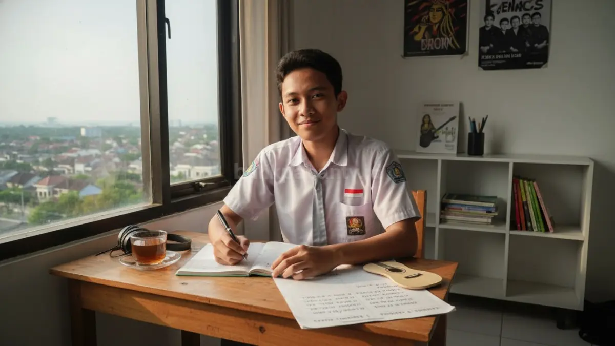 Seorang pelajar di Balikpapan menuliskan jadwal harian di buku catatan dengan pembagian waktu belajar, istirahat, dan hobi, terlihat santai namun fokus, menggambarkan cara sederhana menyusun aktivitas yang realistis dan mudah dijalankan dalam keseharian.  (BTV/Ai)
