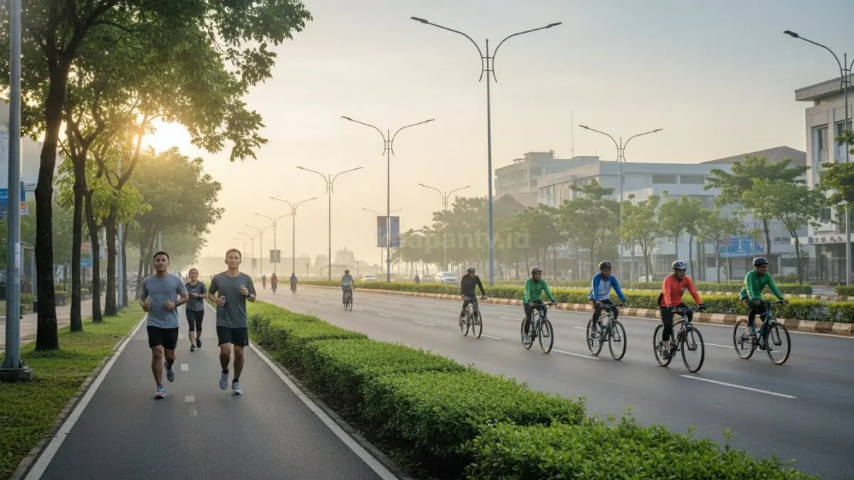 Suasana pagi di Balikpapan dengan beberapa orang jogging santai di jalur hijau dan kelompok pesepeda melintas di jalan kota, menggambarkan tren olahraga ringan seperti lari 2–3 km dan gowes santai sebagai bagian dari gaya hidup sehat yang fleksibel dan konsisten. (BTV/Ai)
