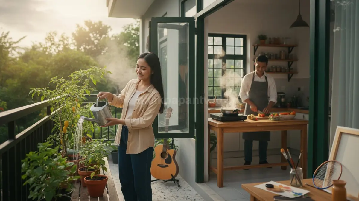 Suasana rumah dengan seseorang merawat tanaman cabai dan daun mint di pot kecil di halaman atau balkon, sementara di dapur terlihat aktivitas memasak resep sederhana, menggambarkan hobi santai yang memberi rasa pencapaian, hemat, dan menjadi ruang eksplorasi rasa sehari-hari. (BTV/Ai)
