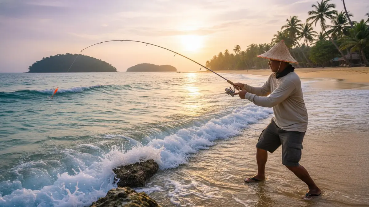 Seorang pemancing berdiri di tepi pantai dengan joran di tangan, melempar umpan ke arah ombak, menggambarkan aktivitas shore fishing yang sederhana dan mudah diakses, dengan fokus pada teknik lemparan serta pemilihan umpan yang disesuaikan dengan kondisi air laut dan sungai. (BTV/Ai)
