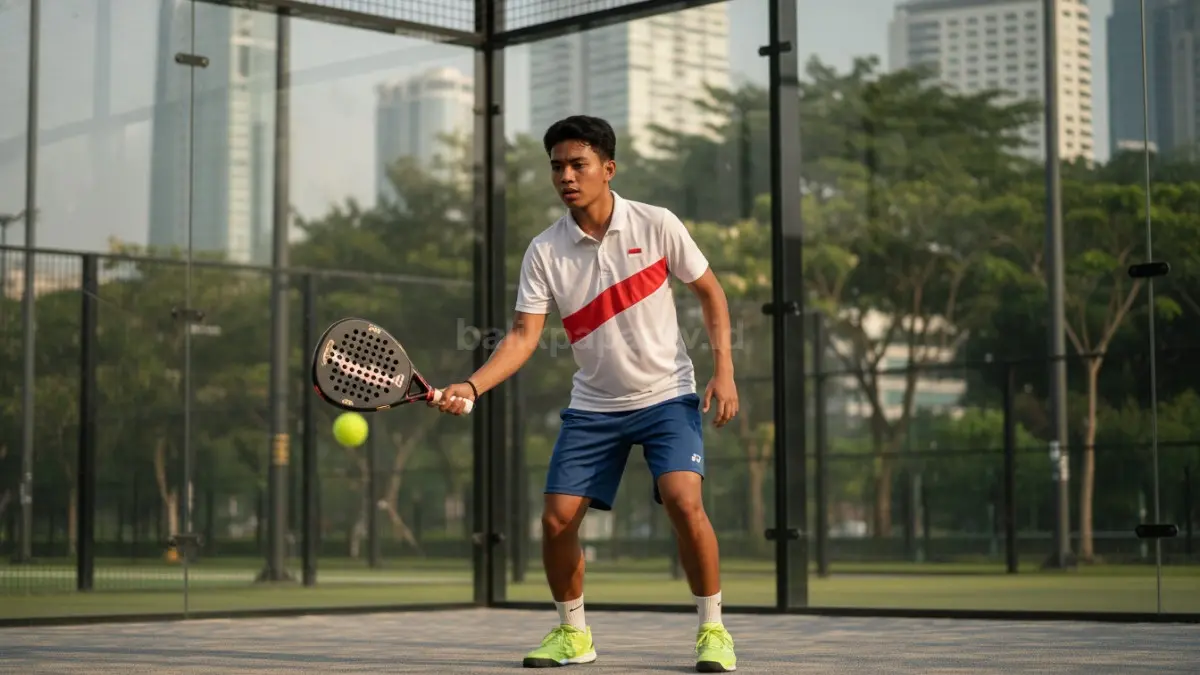 Teknik dasar hobi padel dengan fokus kontrol bola dalam lapangan kecil yang dibatasi dinding transparan sebagai elemen permainan. Pemain terlihat mengatur posisi tubuh dan membaca arah pantulan bola untuk menjaga stabilitas permainan. Visual menampilkan latihan dasar padel yang menekankan koordinasi gerak, kontrol, dan adaptasi ritme permainan dalam ruang terbatas sebagai fondasi strategi lanjutan. (BTV/Ai)
