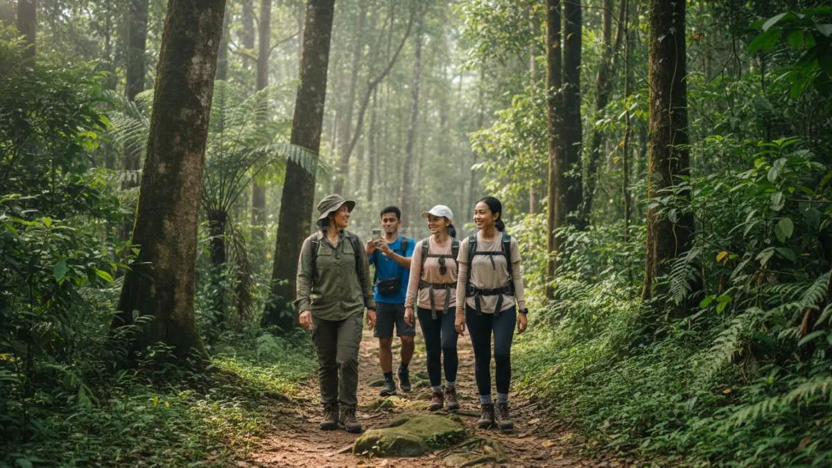 Rombongan kecil komunitas pecinta alam di Balikpapan berjalan menyusuri jalur hutan lindung dengan medan ringan, terlihat mengenakan sepatu trekking dan tas sederhana, dipandu satu orang di depan, mencerminkan suasana aman, santai, dan penuh kebersamaan bagi pemula yang baru mulai hiking.  (BTV/Ai)
