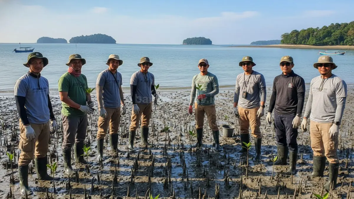Anggota komunitas pecinta alam di pesisir Balikpapan menanam bibit mangrove bersama di area berlumpur, mengenakan sepatu boots dan sarung tangan, dengan latar laut dan garis pantai, mencerminkan aksi nyata menjaga lingkungan sekaligus pengalaman belajar langsung di alam terbuka.  (BTV/Ai)
