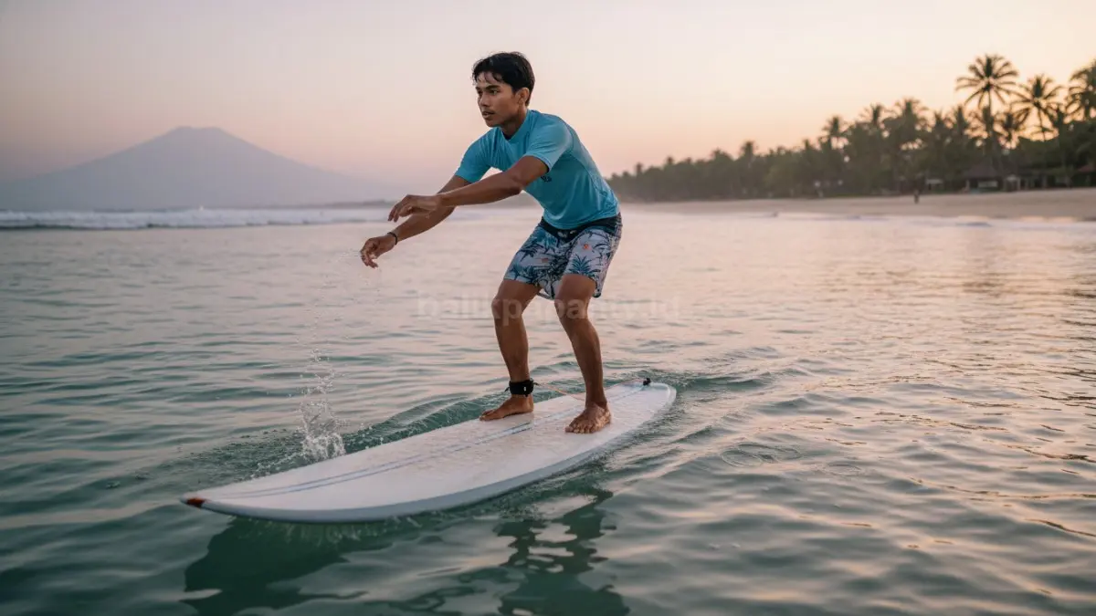 Seorang peselancar berlatih paddling di atas papan di perairan tenang dengan gerakan tangan ritmis dan posisi tubuh stabil, menunjukkan teknik dasar surfing yang menekankan keseimbangan, efisiensi tenaga, serta kontrol napas di pantai ombak kecil seperti Sanur atau pesisir Jawa Barat. (BTV/Ai)
