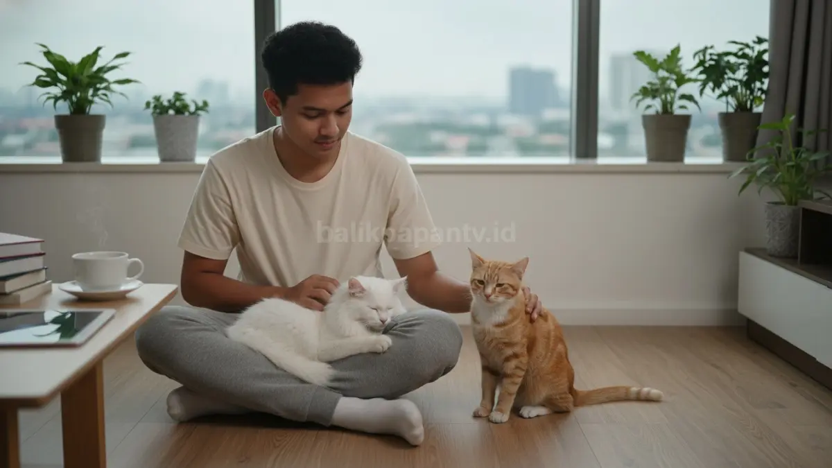 Anak muda di ruang apartemen modern sedang berinteraksi hangat dengan kucing peliharaan, suasana tenang dengan cahaya alami, menggambarkan momen sederhana yang membantu meredakan stres, membangun empati, dan menghadirkan keseimbangan hidup di tengah rutinitas digital yang padat. (BTV/Ai)
