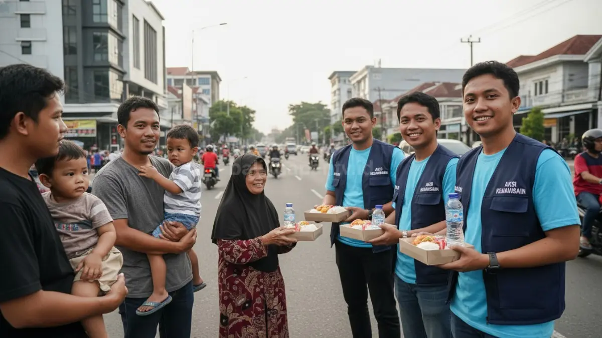Sekelompok relawan di Balikpapan sedang membagikan paket makanan kepada masyarakat di pinggir jalan dengan ekspresi hangat dan interaksi langsung, memperlihatkan momen kebersamaan yang sederhana namun bermakna, sekaligus mencerminkan bagaimana kegiatan sosial membantu menjaga keseimbangan emosi dan memperkuat kepedulian terhadap sesama.  (BTV/Ai)
