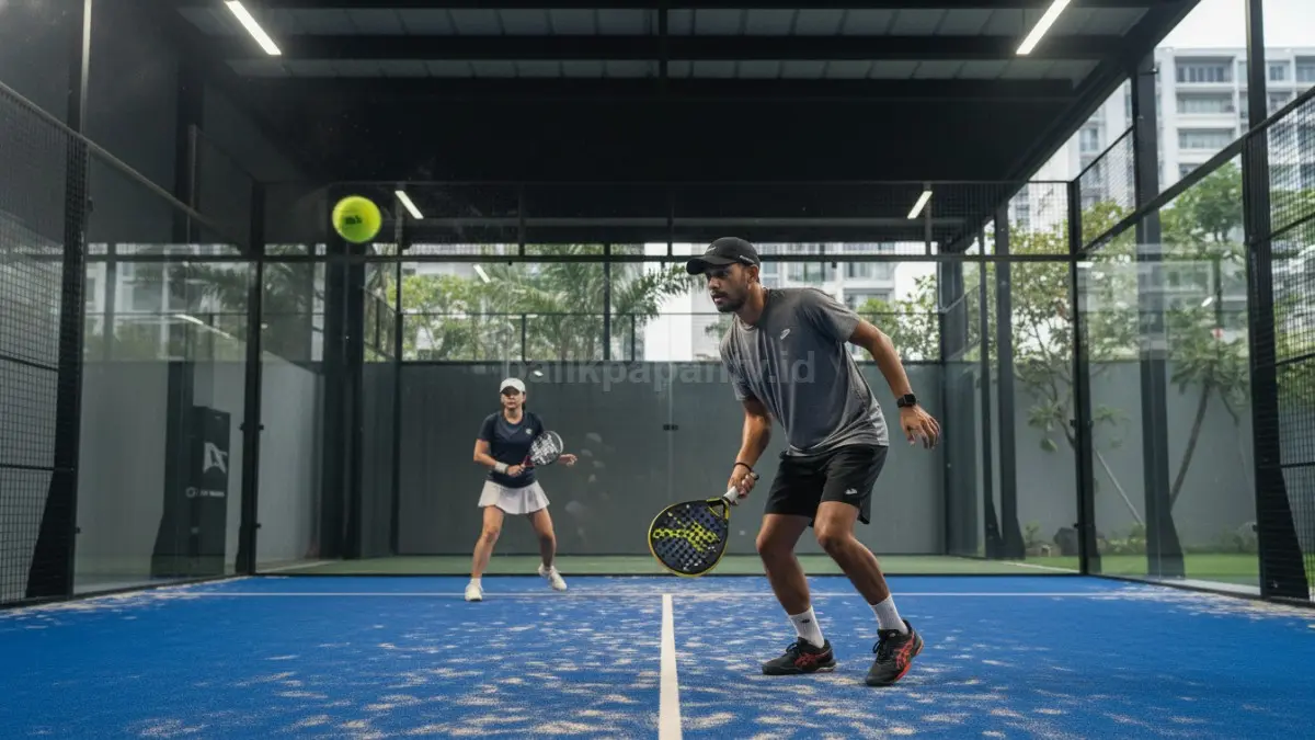 Pemain hobi padel sedang menerapkan strategi penggunaan dinding sebagai bagian permainan di lapangan modern. Visual menampilkan bola yang memantul dari dinding dan pemain yang bersiap mengatur posisi untuk serangan balik. Fokus pada teknik membaca arah pantulan, timing pukulan, dan pemanfaatan ruang lapangan sebagai strategi utama dalam permainan padel yang dinamis. (BTV/Ai)
