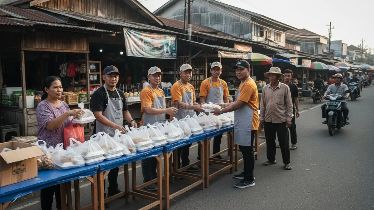 Relawan komunitas di Balikpapan menata paket makanan di meja sederhana di pinggir jalan dekat area pasar, lalu membagikannya langsung kepada masyarakat yang melintas, menggambarkan kegiatan berbagi yang praktis, terorganisir, dan berdampak nyata dari skala kecil.  (BTV/Ai)
