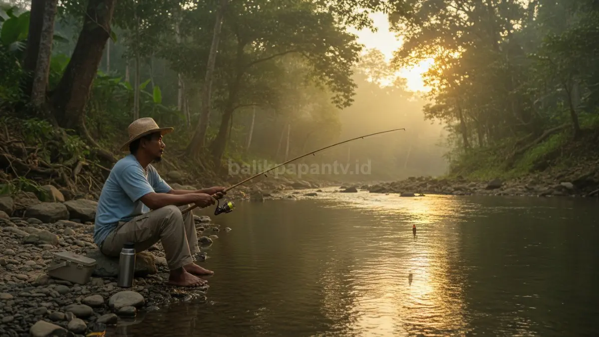Seorang pemancing duduk tenang di tepi sungai saat senja dengan alat pancing di tangan, dikelilingi suasana alam yang damai, menggambarkan momen fokus dan relaksasi saat fishing yang membantu meredakan tekanan pikiran serta memberi ruang refleksi di tengah kesibukan hidup modern. (BTV/Ai)
