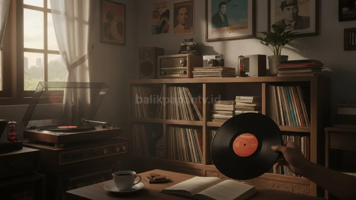 Koleksi piringan hitam dan kaset musik lama tersusun rapi di rak kayu, dengan pemutar vinyl klasik di sampingnya, menghadirkan suasana nostalgia yang kuat serta menggambarkan pengalaman mendengarkan suara analog yang khas, hangat, dan berbeda dari format digital modern. (BTV/Ai)
