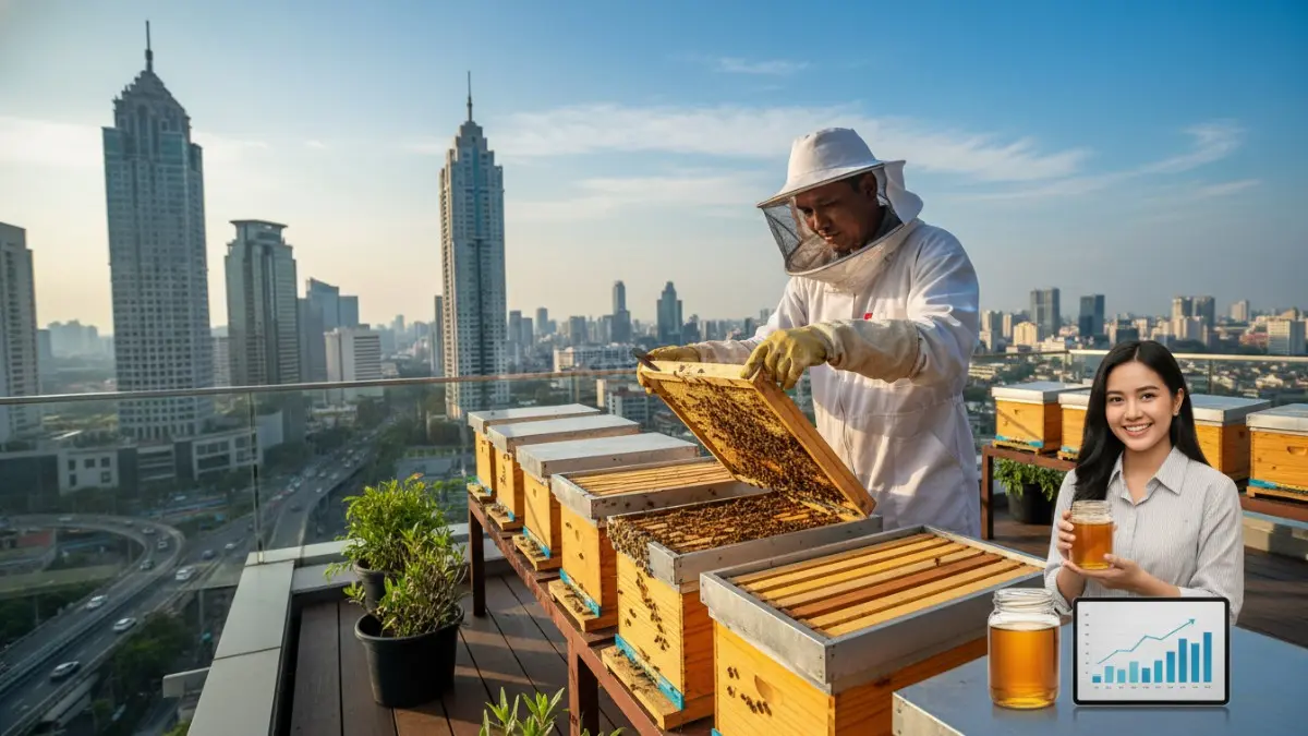 Area rooftop perkotaan dengan kotak sarang lebah tersusun rapi, seorang penghobi memakai pelindung sedang memeriksa koloni lebah, menggambarkan praktik urban beekeeping yang mendukung ekosistem sekaligus menghasilkan madu sebagai peluang usaha kecil di tengah kota. (BTV/Ai)
