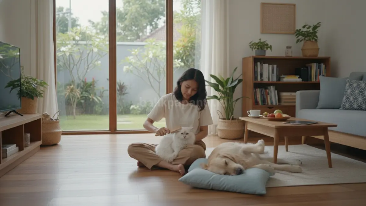 Anak muda merawat hewan peliharaan di rumah modern dengan suasana santai (BTV/Ai)
