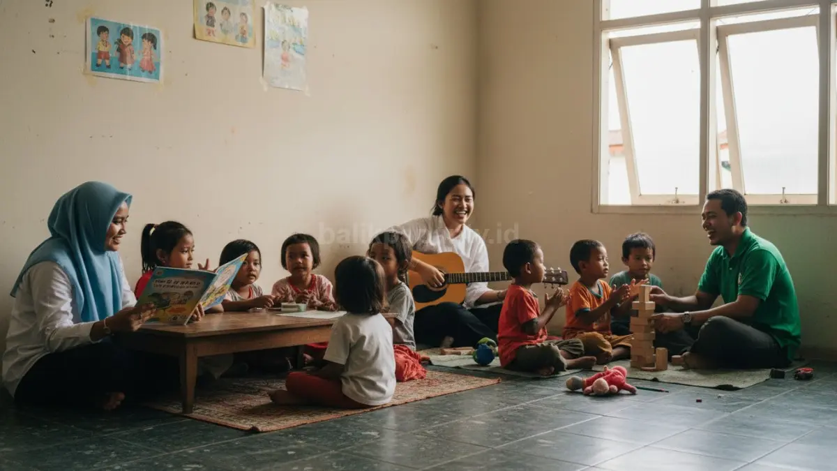 Relawan komunitas di Balikpapan berinteraksi hangat dengan anak-anak di panti asuhan, terlihat sedang mengajar dan bermain bersama di ruang sederhana, mencerminkan suasana kebersamaan, proses belajar langsung, serta pengalaman sosial yang membentuk empati dan kemampuan komunikasi lintas latar belakang.  (BTV/Ai)

