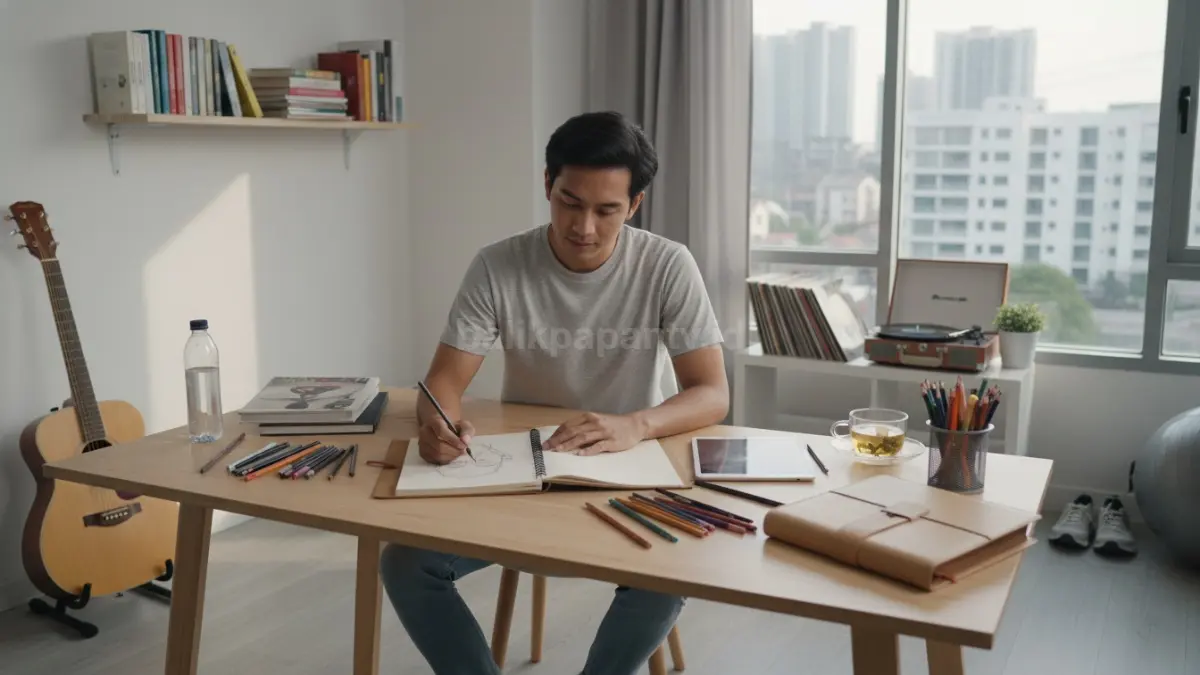 Visual seseorang sedang menggambar santai di meja kerja minimalis selama 15–30 menit, ditemani jurnal dan alat musik di sudut ruangan, menggambarkan hobi harian sebagai cara menjaga fokus, mengelola stres, dan menciptakan keseimbangan hidup di tengah gaya hidup modern. (BTV/Ai)
