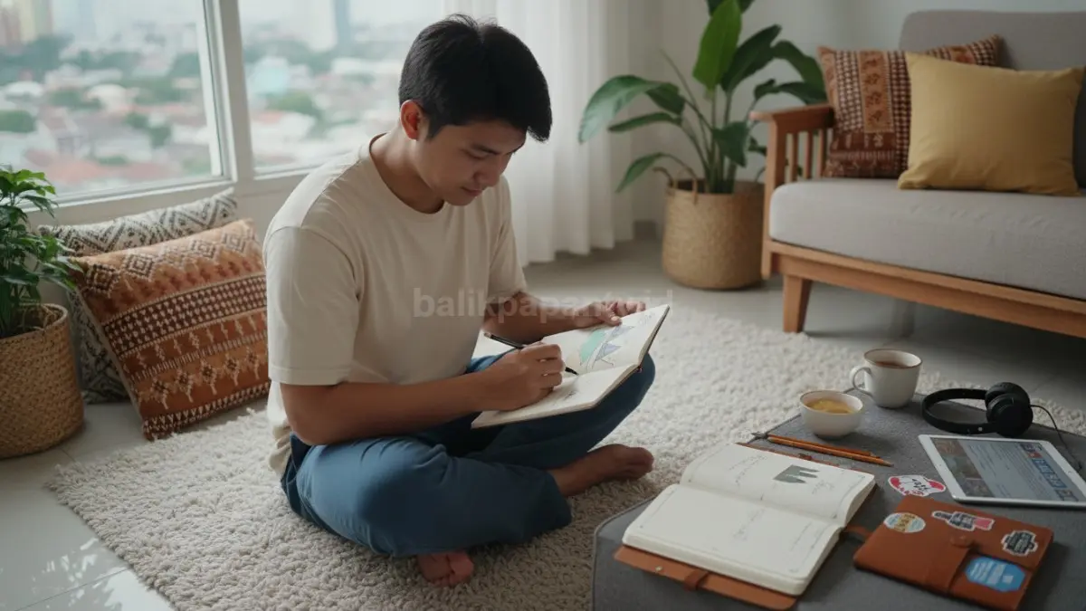 suasana santai di dalam ruangan dengan seseorang membuat sketsa sederhana di buku gambar sambil ditemani jurnal harian terbuka, menggambarkan aktivitas menggambar dan menulis sebagai hobi kreatif yang membantu menenangkan pikiran, mengurangi kecemasan, dan meningkatkan fokus di tengah rutinitas modern. (BTV/Ai)
