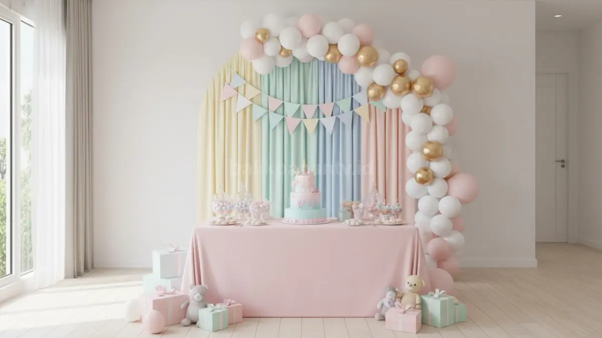 Dekor ulang tahun anak perempuan di ruang tamu minimalis dengan warna pastel dan backdrop sederhana
