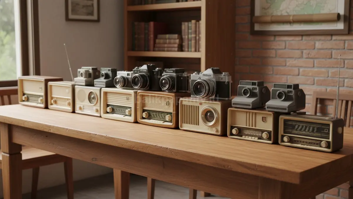 Deretan radio klasik dan kamera analog tersusun rapi di meja kayu, dengan detail tombol dan lensa yang khas, menampilkan keunikan desain serta mekanisme teknologi lama yang kini menjadi objek koleksi bernilai historis dan estetika tinggi. (BTV/Ai)
