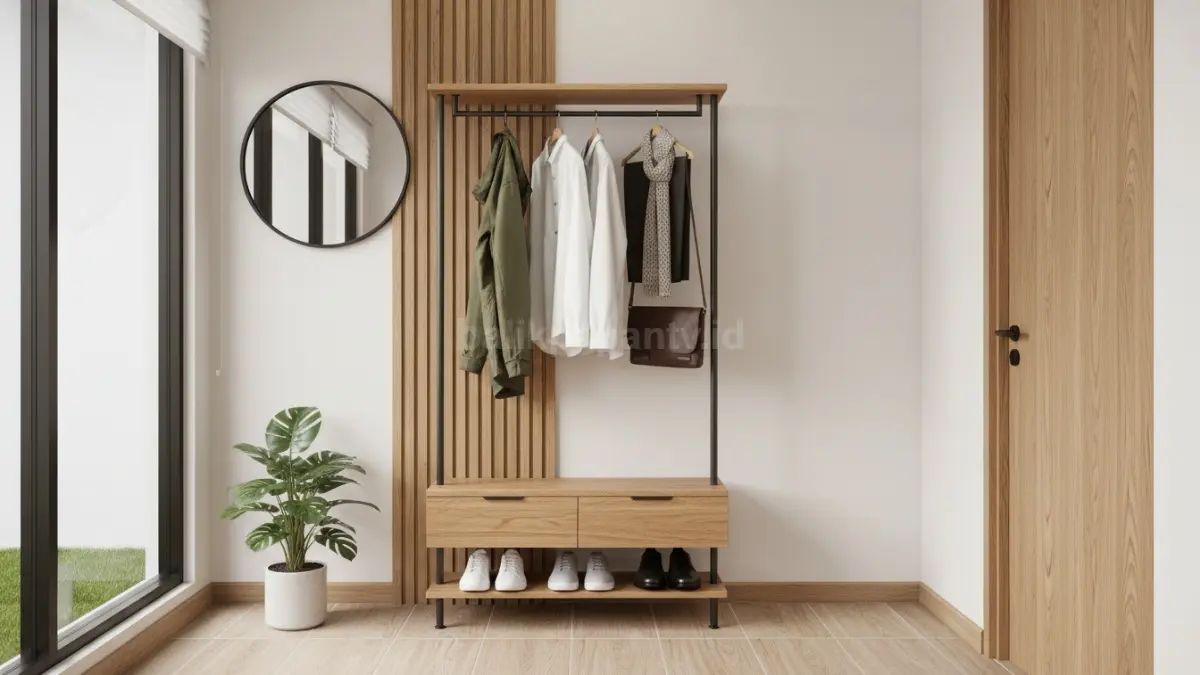 desain coat rack minimalis modern di ruang masuk rumah kecil (BTV/Ai)