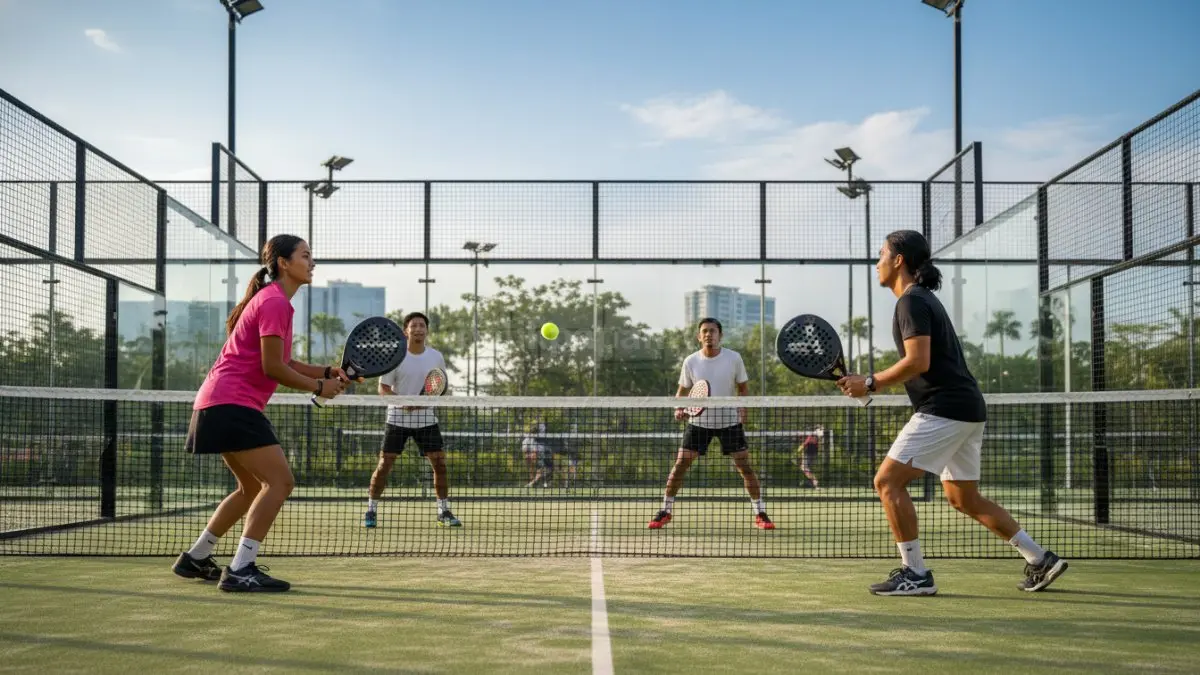Dua pasangan pemain hobi padel dalam permainan ganda yang menampilkan komunikasi aktif di lapangan modern. Fokus visual pada koordinasi gerakan, pembagian posisi, dan interaksi antar pemain saat membaca arah bola. Suasana menunjukkan padel sebagai olahraga sosial yang menekankan kerja sama tim, strategi bersama, dan sinkronisasi pergerakan untuk menghindari tumpang tindih di area permainan. (BTV/Ai)
