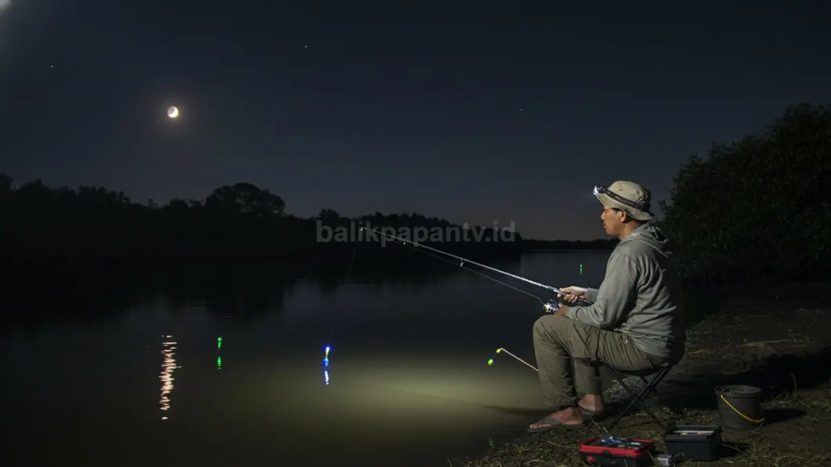Seorang pemancing melakukan night fishing di tepi perairan pada malam hari dengan cahaya lampu kecil di area pancing, menciptakan suasana tenang dan fokus, menggambarkan aktivitas memancing malam yang membutuhkan ketelitian tinggi karena keterbatasan visual serta memanfaatkan momen ikan lebih aktif di malam hari. (BTV/Ai)
