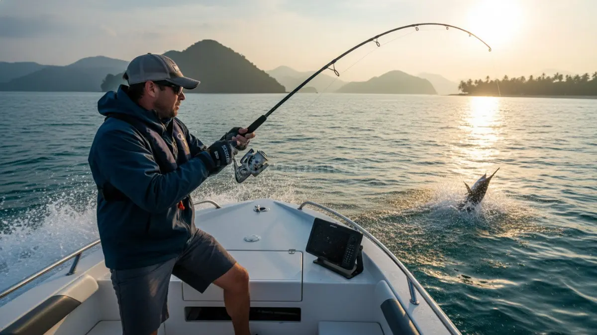 Seorang pemancing sport fishing di atas perahu modern sedang menarik joran dengan penuh konsentrasi, mengenakan perlengkapan lengkap, menggambarkan aktivitas memancing olahraga yang kompetitif dengan penggunaan teknik modern, strategi matang, serta kecepatan reaksi dalam menghadapi tarikan ikan di perairan terbuka. (BTV/Ai)
