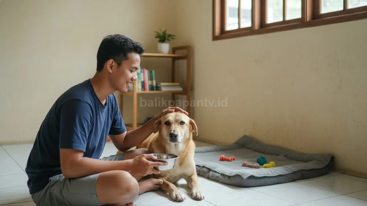 Relawan muda sedang merawat anjing dari shelter di rumah sederhana, terlihat memberi makan dan membersihkan area tidur, mencerminkan aktivitas pet fostering yang penuh empati, tanggung jawab, dan menjadi solusi sementara sebelum hewan mendapatkan keluarga permanen. (BTV/Ai)
