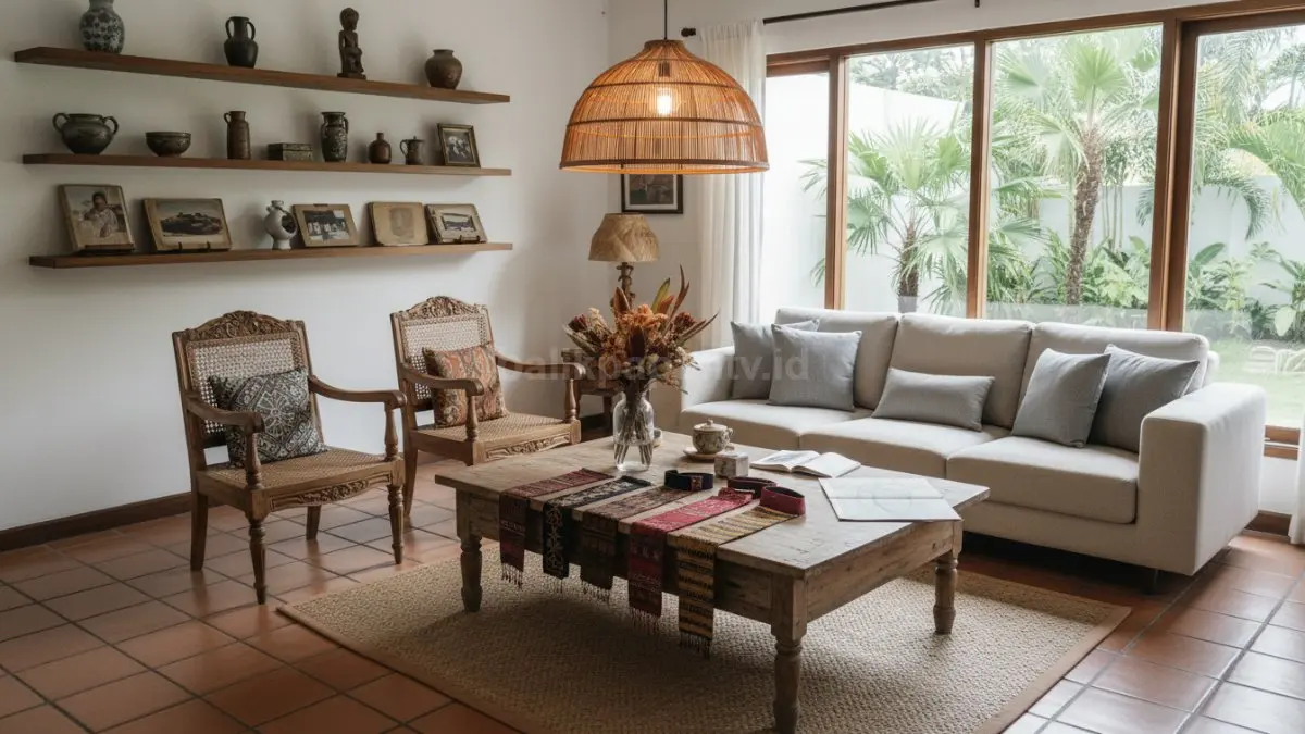 Ruang interior rumah dengan perpaduan perabot vintage seperti kursi kayu klasik, meja antik, dan lampu gantung jadul, dipadukan dengan desain modern minimalis yang menciptakan suasana hangat, estetik, serta memperkuat karakter ruangan bernuansa klasik dan kontemporer. (BTV/Ai)
