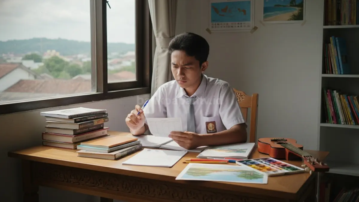 Seorang pelajar di Balikpapan terlihat memilih antara buku tugas dan perlengkapan hobi di meja belajar, dengan ekspresi fokus saat menyusun urutan aktivitas, menggambarkan proses menentukan prioritas harian agar tugas sekolah selesai tanpa mengabaikan waktu untuk hobi.  (BTV/Ai)
