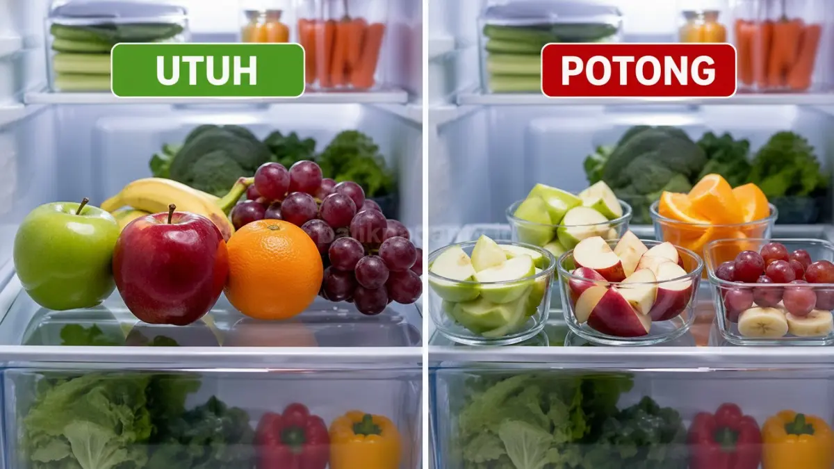 Ilustrasi buah segar di kulkas dengan kondisi utuh dan potong sebagai perbandingan. (BTV/Ai)